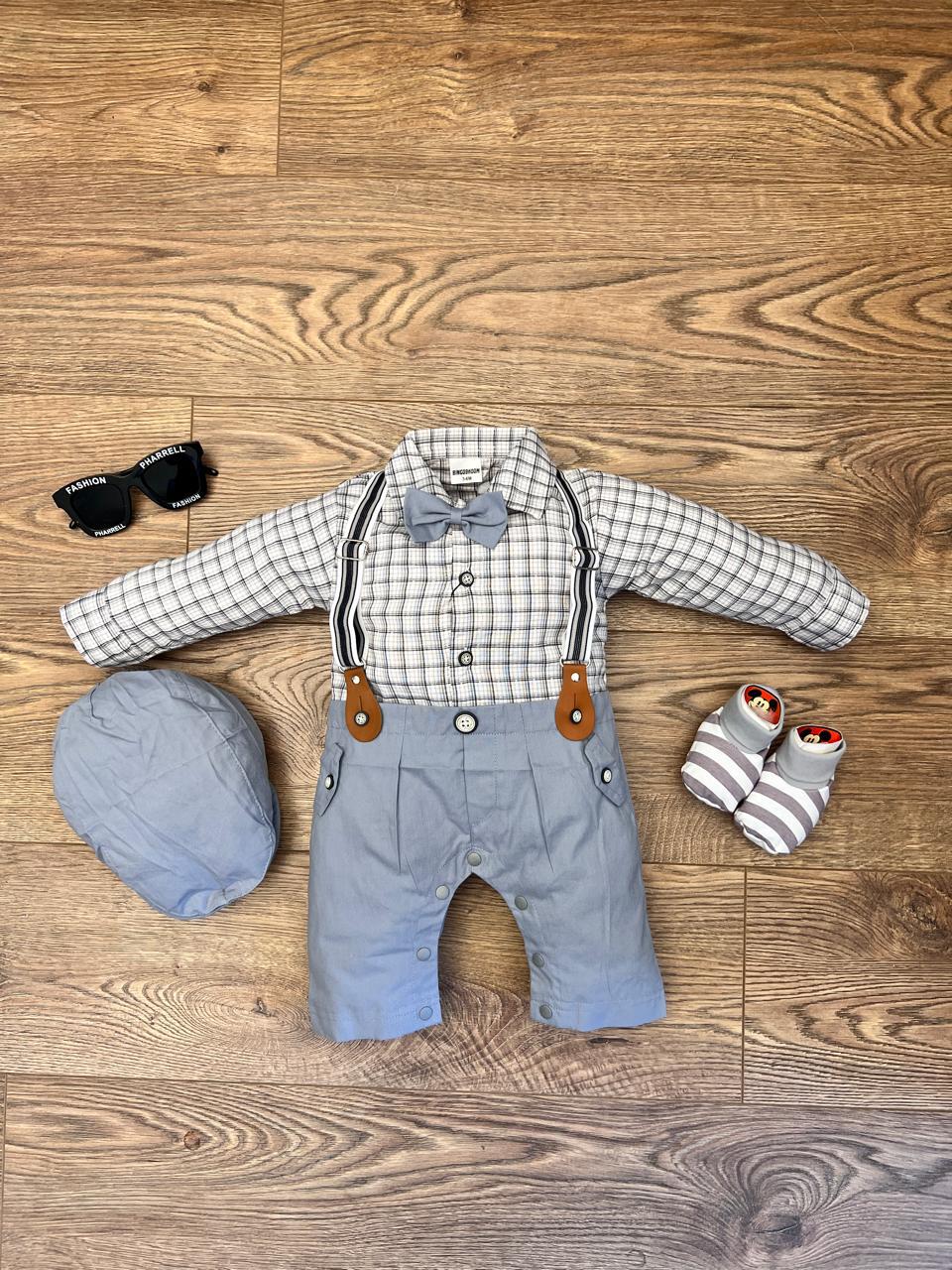 Baby Boy Bow Suspender Romper With Hat