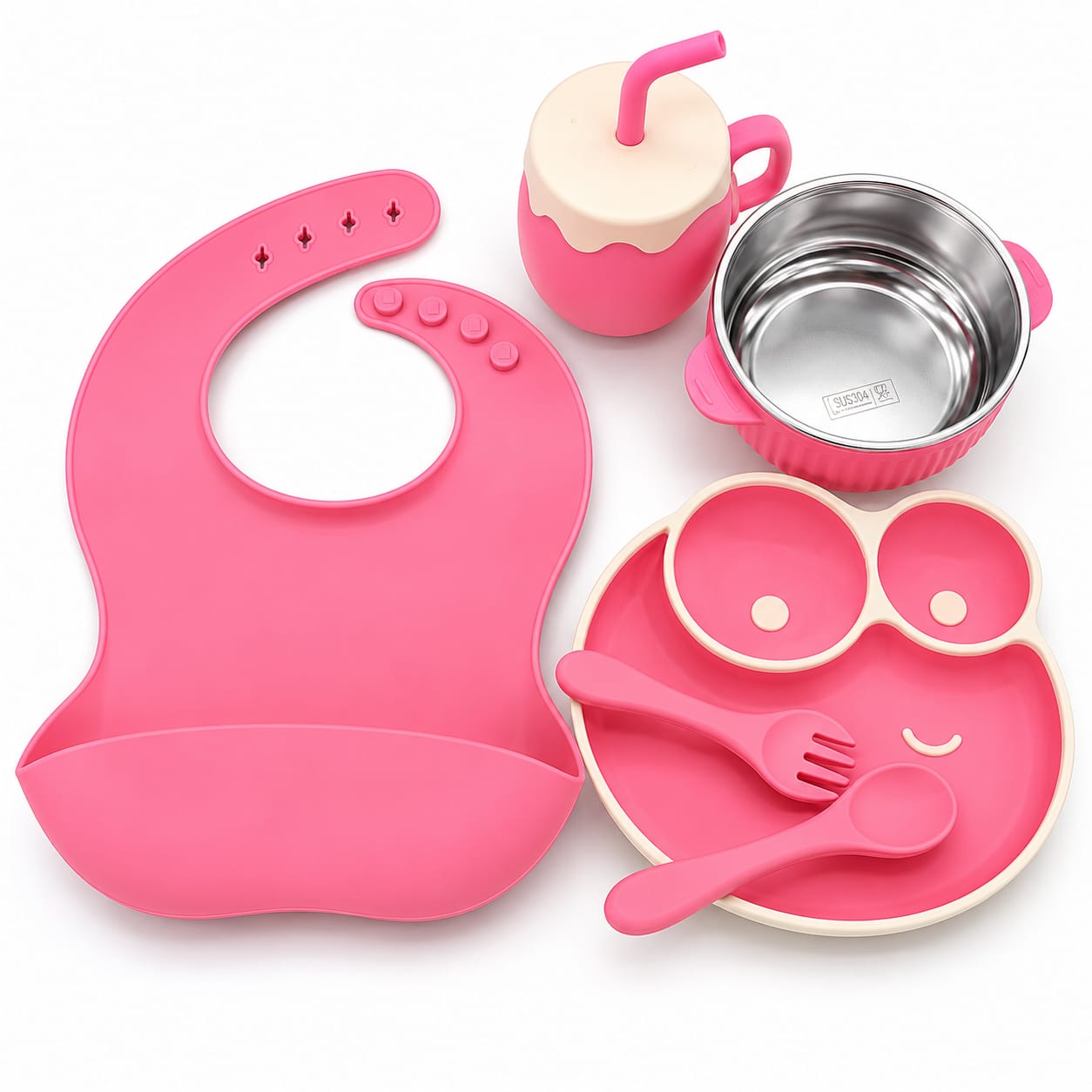 Premium Baby Feeding Set with Silicone Bib, Suction Plate, Stainless Steel Bowl & Straw Cup