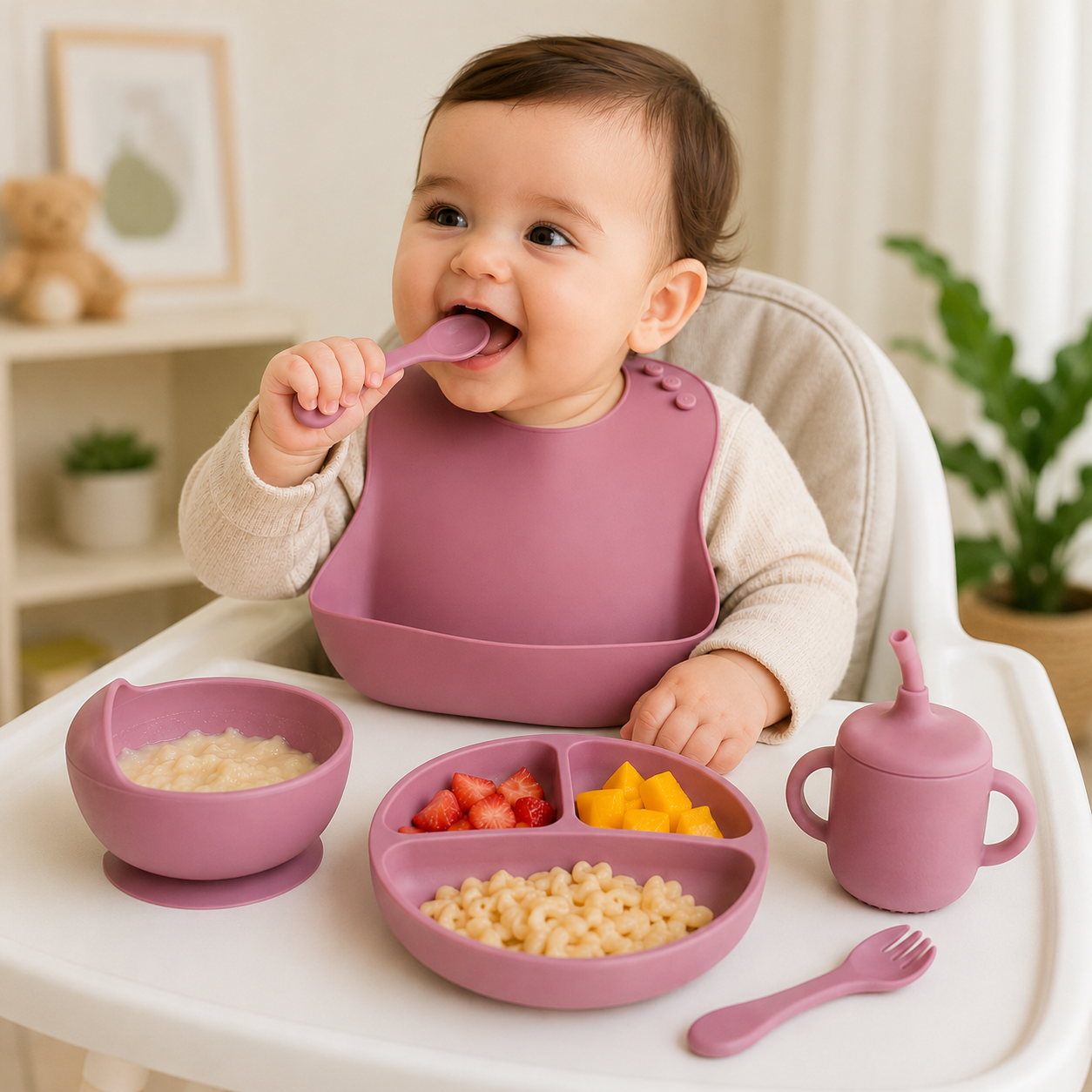 Baby Silicone Tableware Set 6Pcs-Maroon
