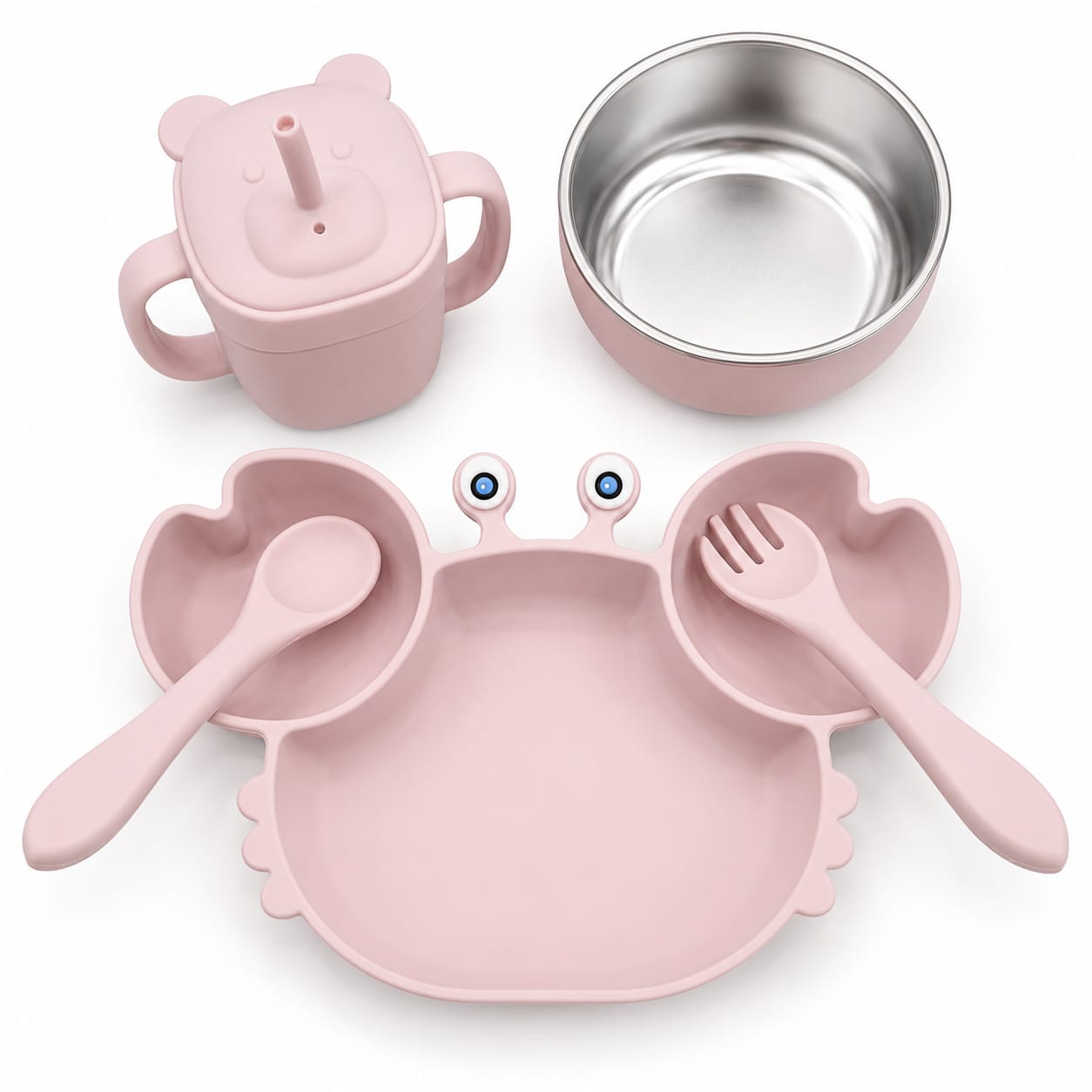 Crab Silicone Feeding Set with Straw Cup & Stainless Steel Bowl | BPA-Free Baby Feeding Kit