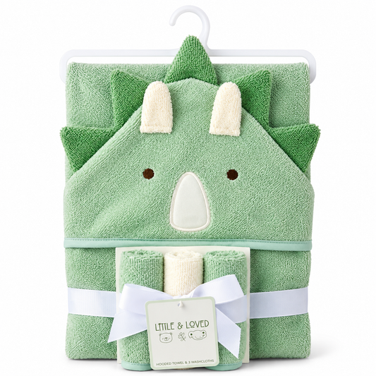 Hooded Baby Bath Towel & 3 Face Towels Hippo Green