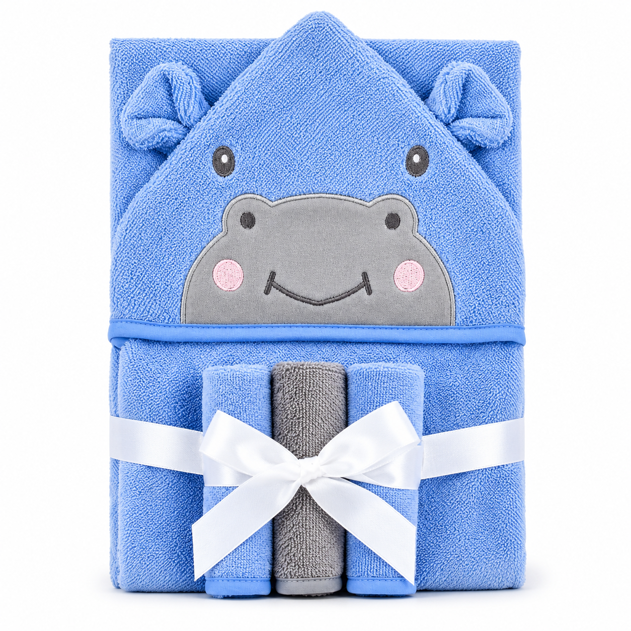 Hooded Baby Bath Towel & 3 Face Towels Hippo Blue