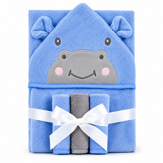 Hooded Baby Bath Towel & 3 Face Towels Hippo Blue